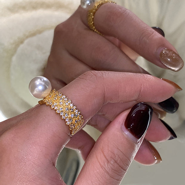 Silver Gray Open-end Pearl Adjustable Fashion Ring