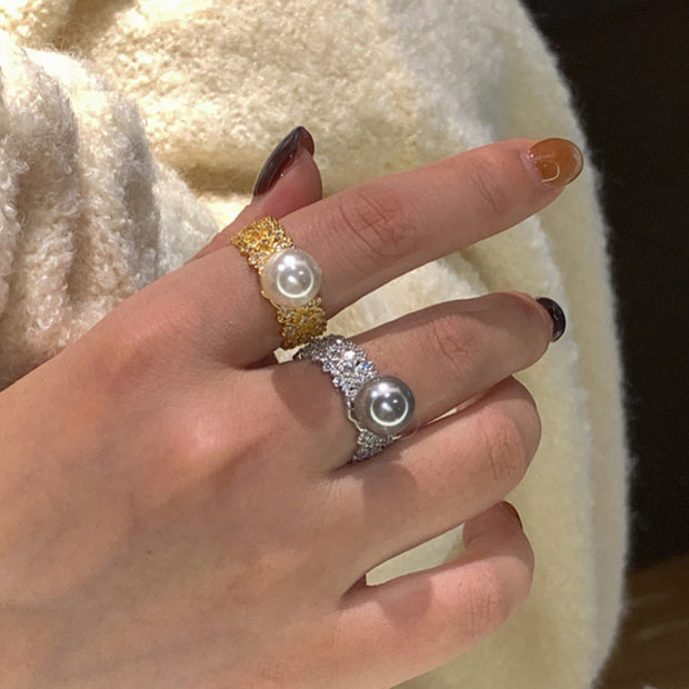 Silver Gray Open-end Pearl Adjustable Fashion Ring