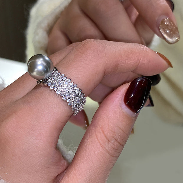 Silver Gray Open-end Pearl Adjustable Fashion Ring
