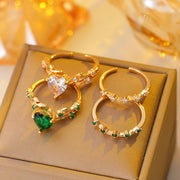 Open Heart All-match Copper Inlaid Zircon Ring Suit