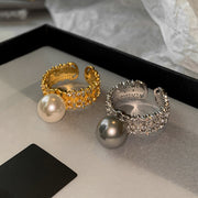 Silver Gray Open-end Pearl Adjustable Fashion Ring