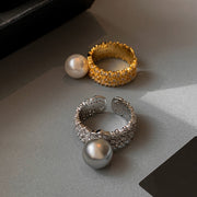 Silver Gray Open-end Pearl Adjustable Fashion Ring