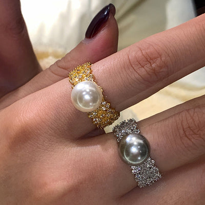 Silver Gray Open-end Pearl Adjustable Fashion Ring