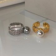 Silver Gray Open-end Pearl Adjustable Fashion Ring