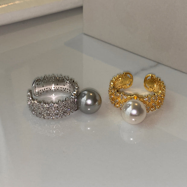 Silver Gray Open-end Pearl Adjustable Fashion Ring