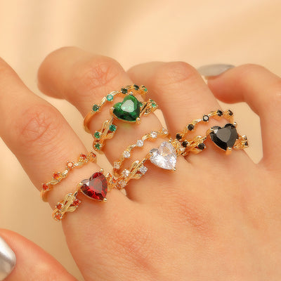 Open Heart All-match Copper Inlaid Zircon Ring Suit
